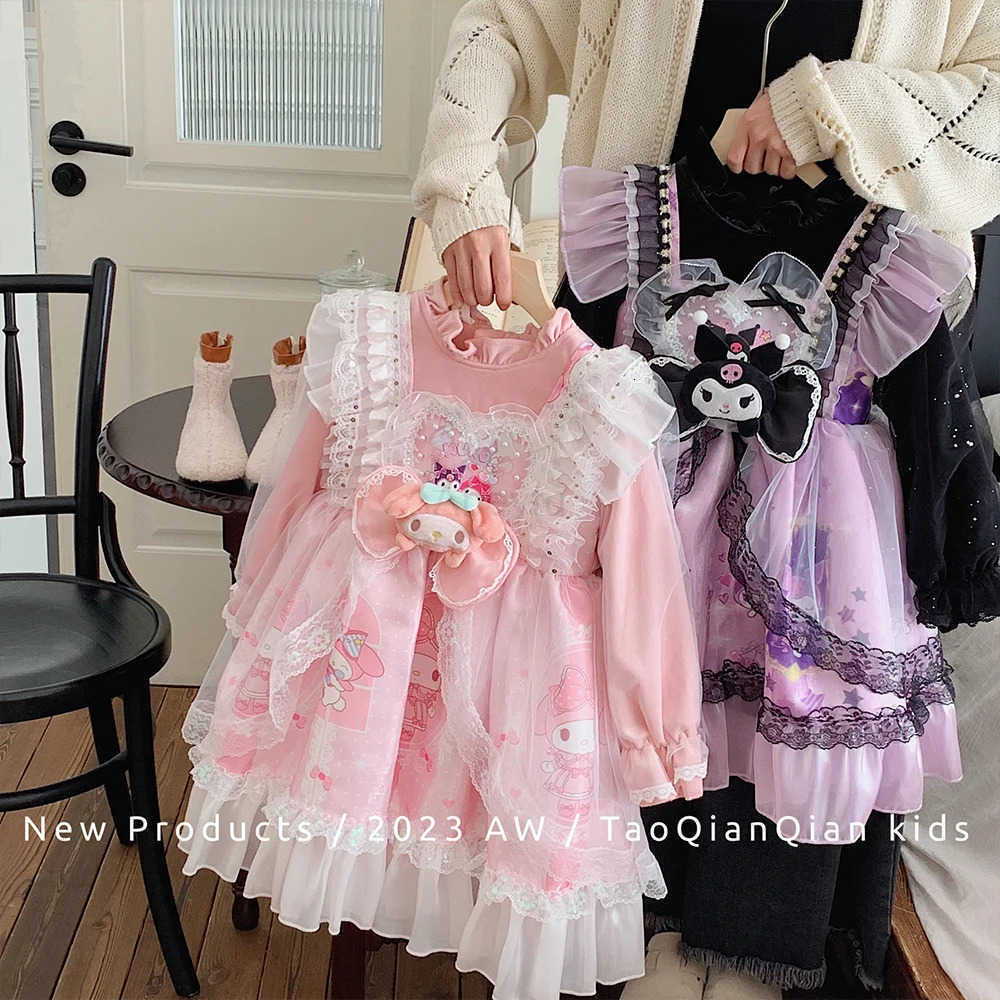 Sanrio Childrens Dresses Sanrios Anime 2024 Melody Kuromi Y2K Girls Dress Birthday Party Spring Kids Tulle Dress Lolita Princess Dress H251216