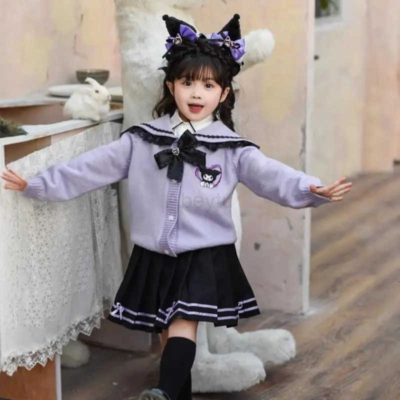 Sanrio Girl Dress Kuromi Kawaii Anime Fashion Autumn Student Long Sleeves Sweater Shirt Pleated Skirt Childrens clothing new H251216