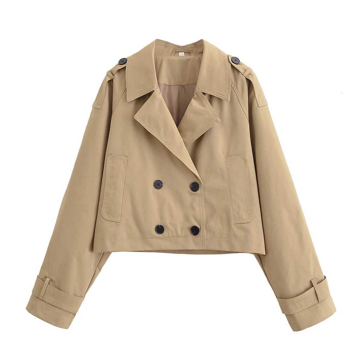 Autumn New Khaki Double Breasted Short Trench Coats For Women Casual Lapel Long Sleeve Pocket Loose Jackets Women Outcoat 2025T251216