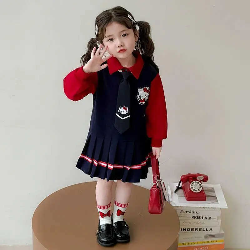 Sanrio Hello Kitty Dress Pleated Skirt Princess Dress Girl College Style Children Spring Fall Kawaii Fashion New Casual Clothing H251216