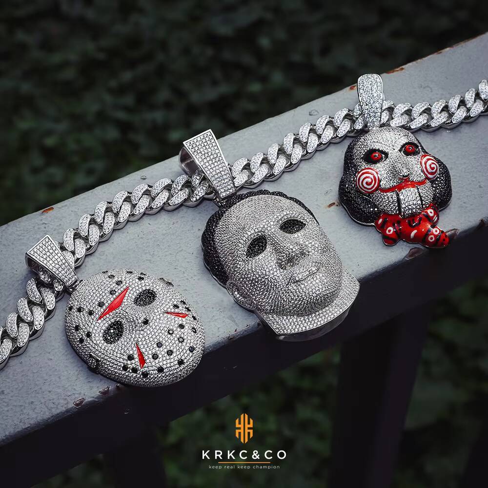 Custom Pendant Hiphop Jewelry Mask Pendant Necklace White Gold Iced Out Horror Scary Ghost Crystal KRKC Saint Halloween 925 silver