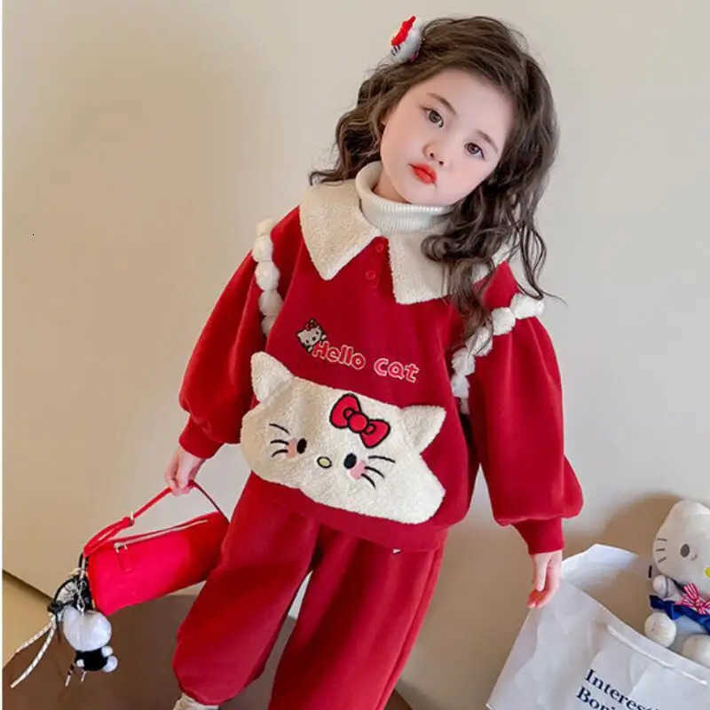 Sanrio Christmas Girls Hellokitty Cartoon Sportswear 2025 Winter New Kawaii Anime Thick Warm Coat 2Pcs Korean Style Fashion Sweet Sets H251216