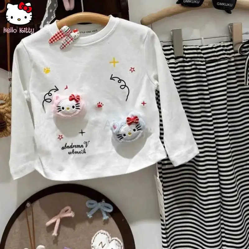 Sanrio Anime Hello Kitty Autumn New Leopard Print Casual Outfit Kawaii Little Girls Bow Sweet Trousers Cartoon Sweet Pullover H251216
