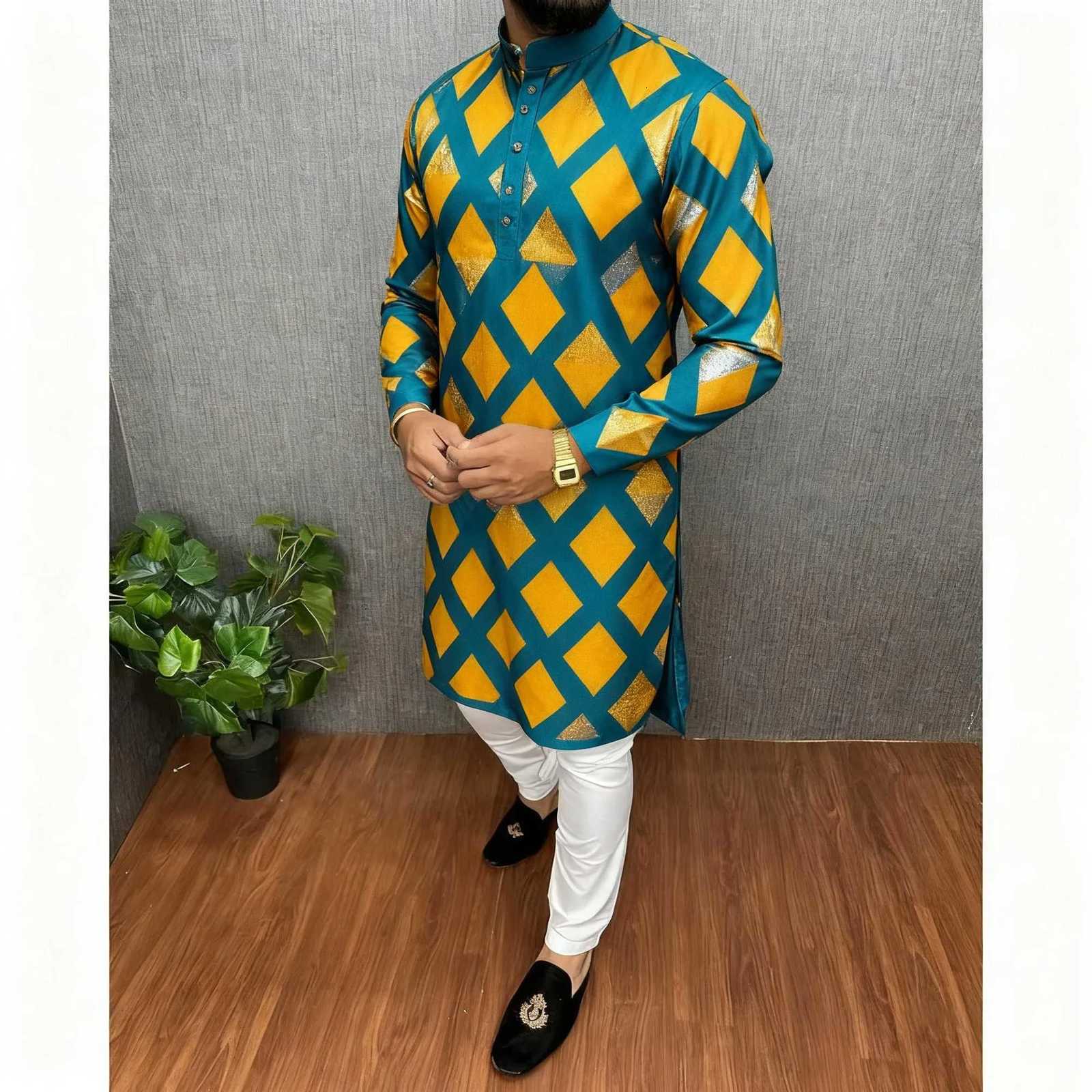 Men Islamic Arabic Abaya Robe Ethnic Print Stand Collar Youth Mid-length Shirt Luxury Coat Moslim Kleding Vestiti Musulmani Uomo W251216 - view 3