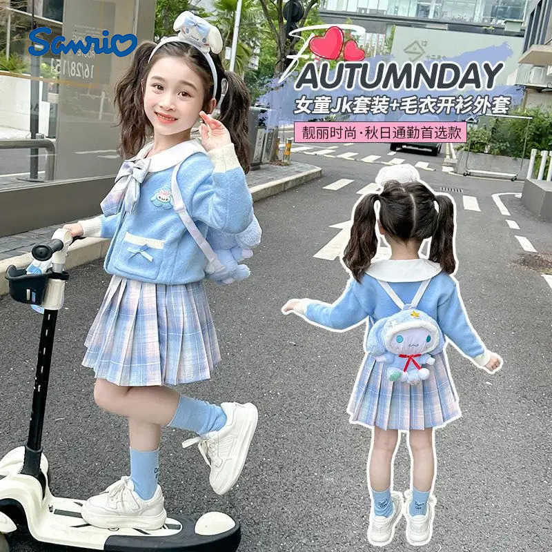 Sanrio Hot Girl Dress Set Cinnamoroll Kawaii Anime Fashion Student Casual Sweater Shirt Skirt 3-Piece Set Children Clothing New H251216