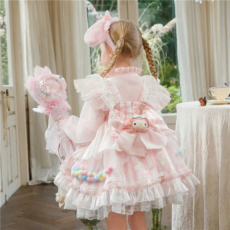 Sanrio Anime My Melody Girls Lolita Princess Dress with Bow Decoration Ruffled Tutu Skirt Layered Party Halloween Costume for Kids H251216