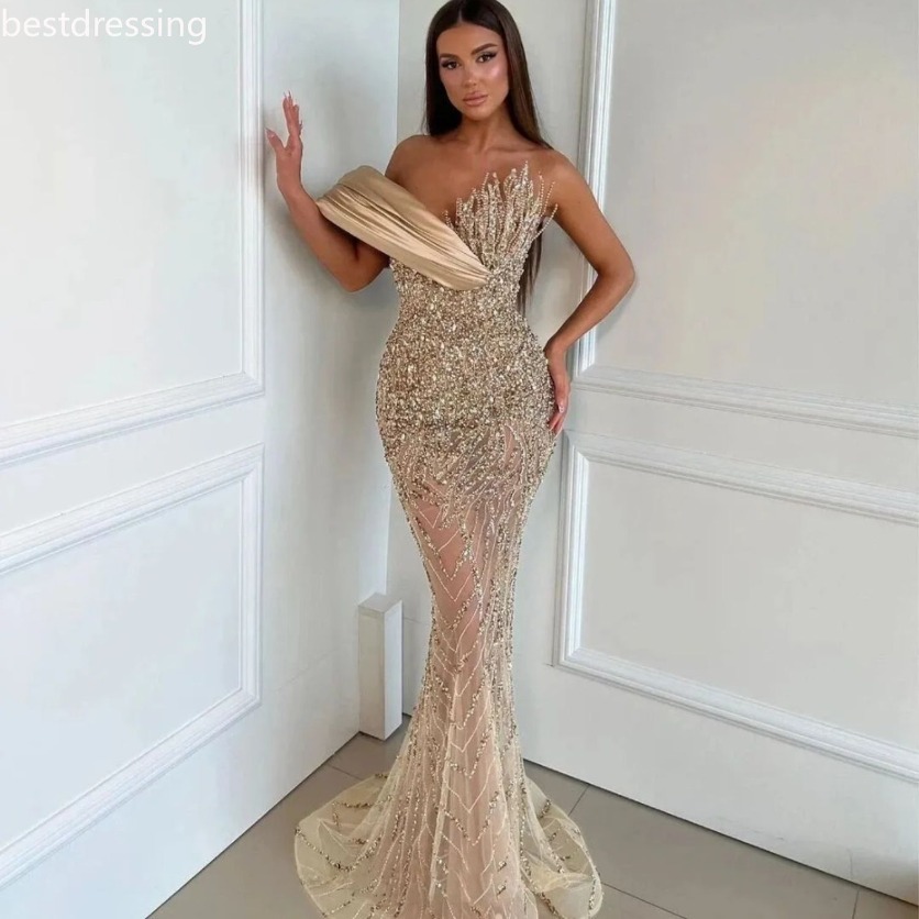 Glamorous Crystal Evening Dresses Beaded Off Shoulder Mermaid Prom Gowns Sequins Illusion Party Dresses Custom Made D12