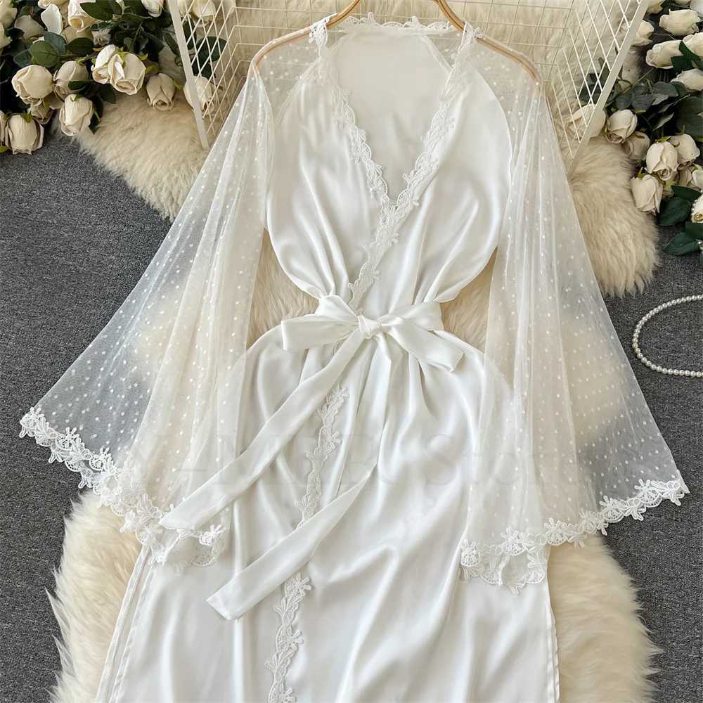 Sexy Embroider Edge Lady Kimono Bathrobe Dress Gown Mesh Sleeve Wedding Long Robe Sleepwear Loose Silk Satin Nightwear Lingerie C251216