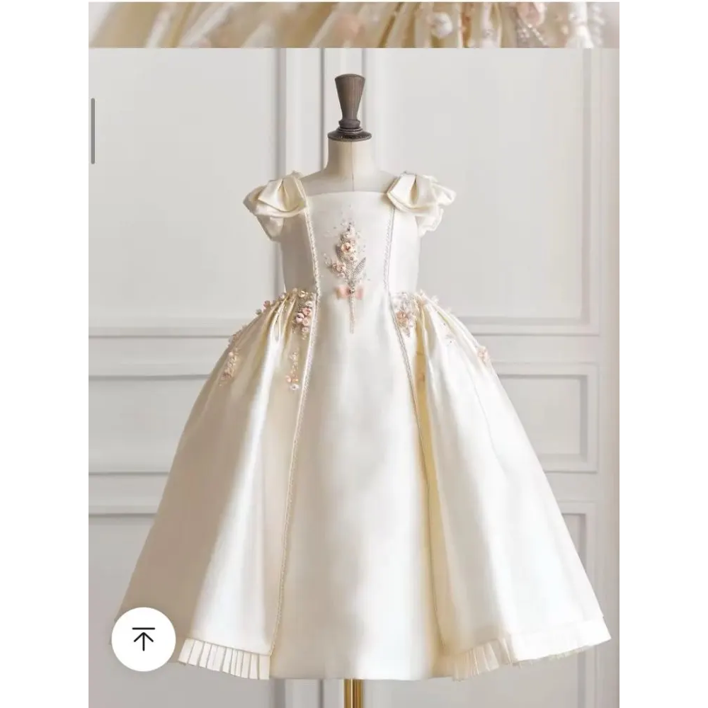 Princess White Ivory Satin Flower Girl Dresses With Detachable Cape Train Cute Baby Toddler Birthday Party Ball Gown Dress Floral Embroidery Robes BC2