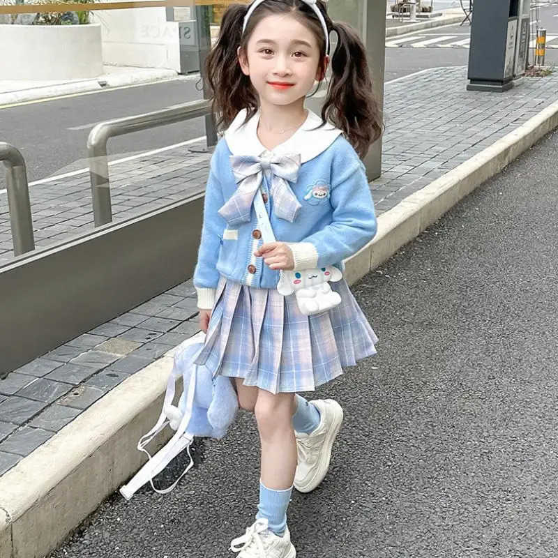 Sanrio hot Cinnamoroll Cartoon Knitted Cardigan Suit Skirt Spring Autumn Cute Sweet Girls Jk Uniform Suit Three Piece Set New H251216