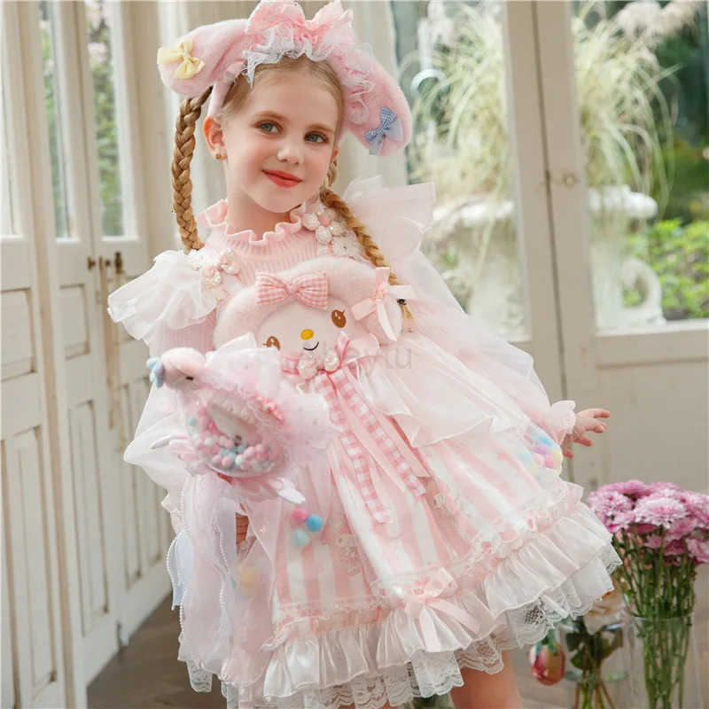 Sanrio Anime My Melody Girls Lolita Princess Dress with Bow Decoration Ruffled Tutu Skirt Layered Party Halloween Costume for Kids H251216