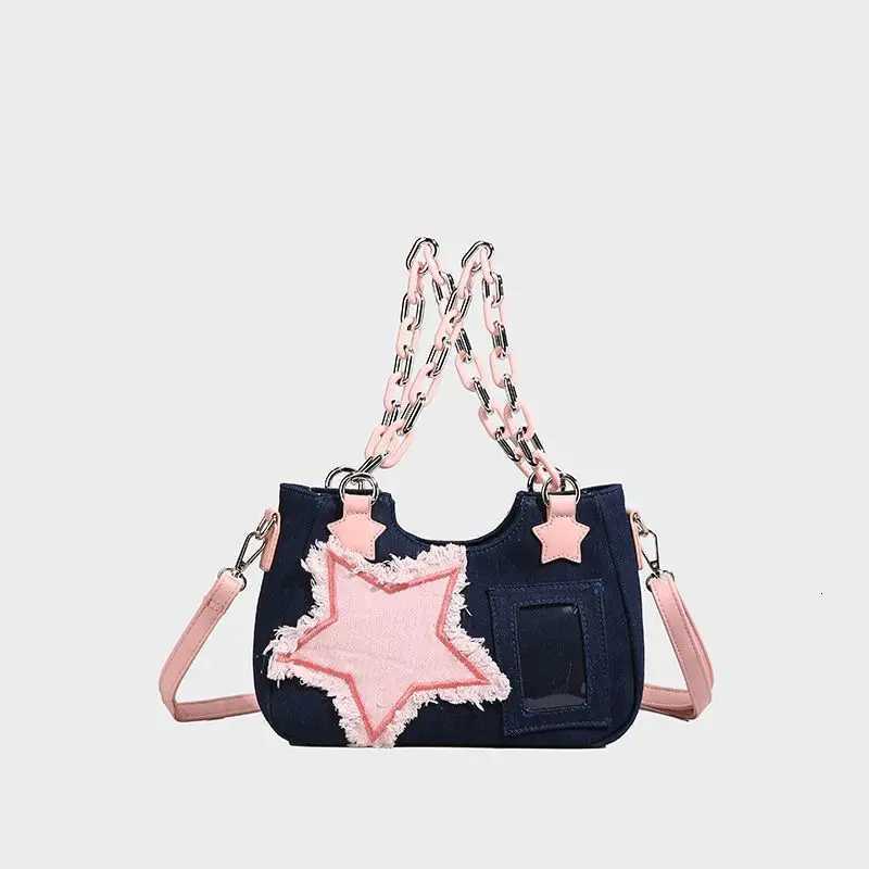 Vintage Shoulder Underarm Fashion Star Design Tote Denim Crossbody Bag Women Chain Zip Purses and Handbags M251216