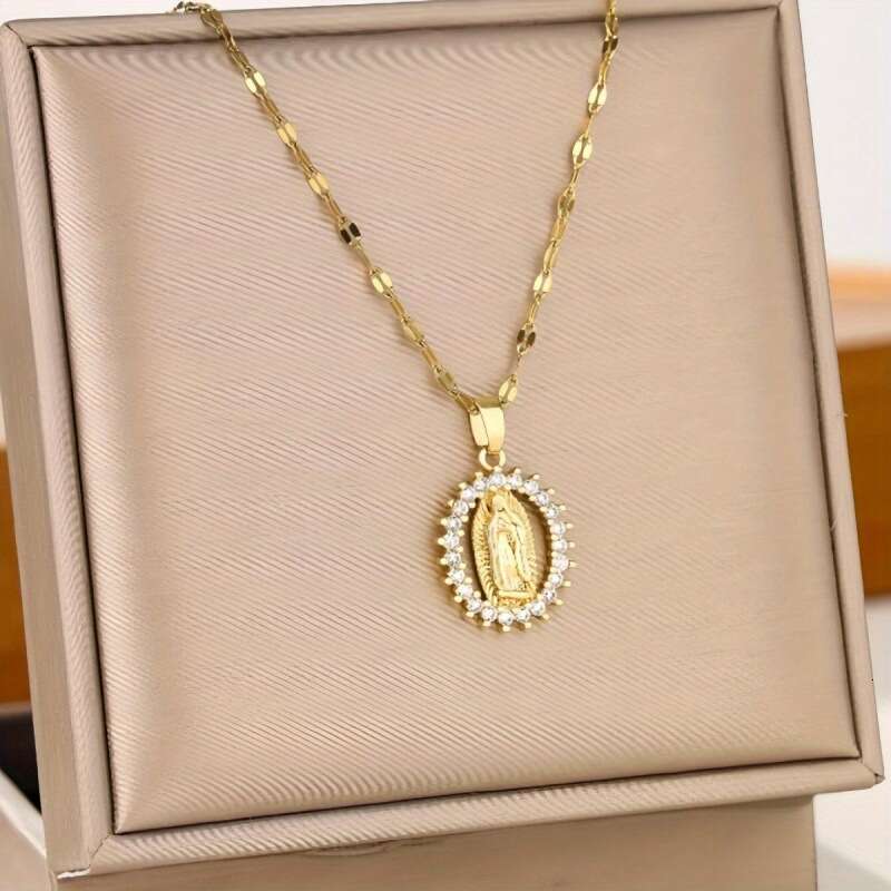 European American Simple Virgin Mary Necklace for Men and Women Fashion gold Inlaid Zircon Lace Hollow Jewelry Pendant
