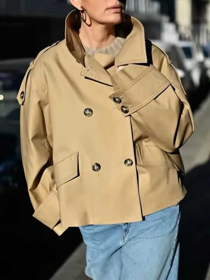 Vintage Double Breasted Trench Coat Women Commute Loose Long Sleeve Jacket 2025 Spring Elegant Stand Collar Outwear StreetT251216