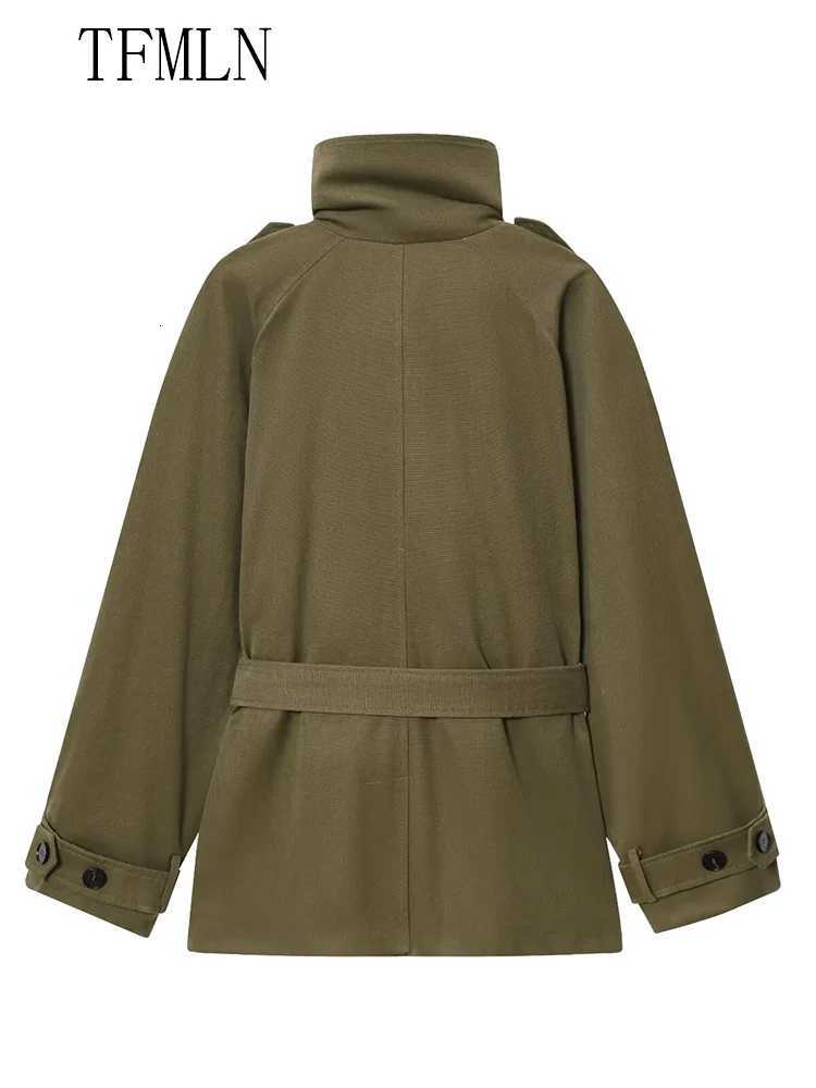 TFMLN 2025 Autumn Winter Women Lace Up Trench Coats Fashion Full Sleeve Pockets Causal Outwear Loose Stand Collar WindbreakerT251216