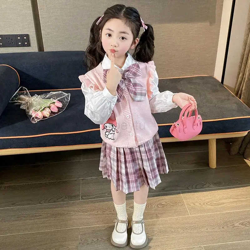 Sanrio Cartoon Anime Girls Vest Knit Cardigan Jk Skirt Kuromi Kawaii My Melody Pleated Skirt Bow Set Spring and Autumn New Style H251216