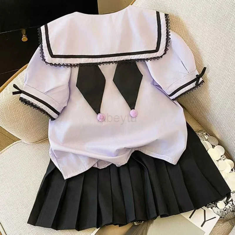 Sanrio Kuromi Skirt Suit Summer Teen Girls Children Short-Sleeved Cartoon T-shirt TopsPlaid Pleated Skirt 2Pcs Set Preppy Dress H251216
