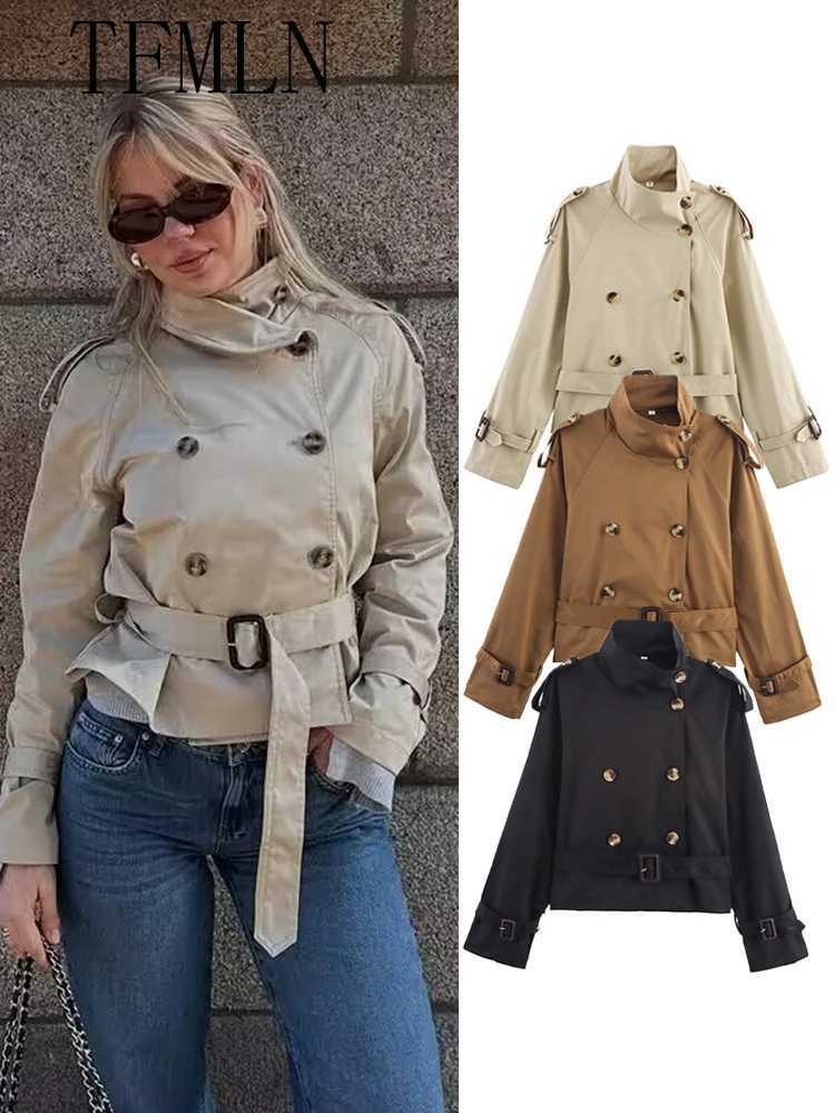 TFMLN 2025 Autumn Women Cropped Trench Coats With Belt Fashion Causal Double Breasted Jackets Chic High Street Outwear TopsT251216