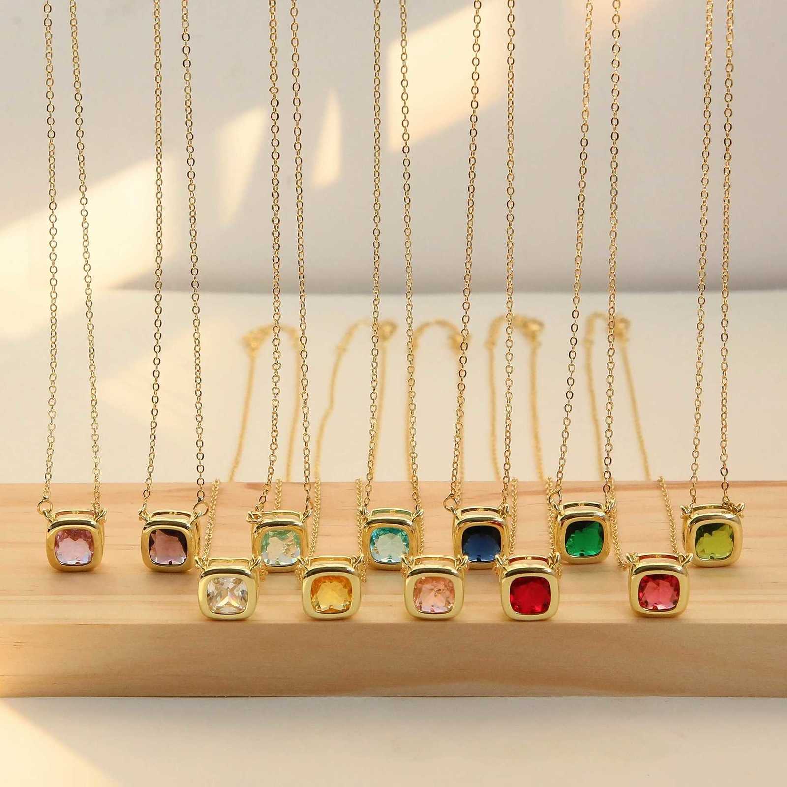 Square Birthstone Zircon Necklace 18K Gold Plated Gemstone Pendant Necklace for Women M251216