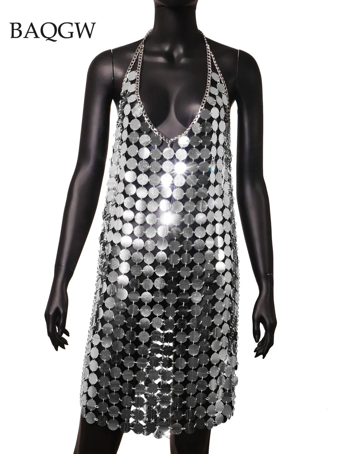 Women Fashion Sleeveless Sexy Backless Glitter Black Gold Chainmail Sequin Patchwork Mini Dresses Diana Silver Disc Dress 251211