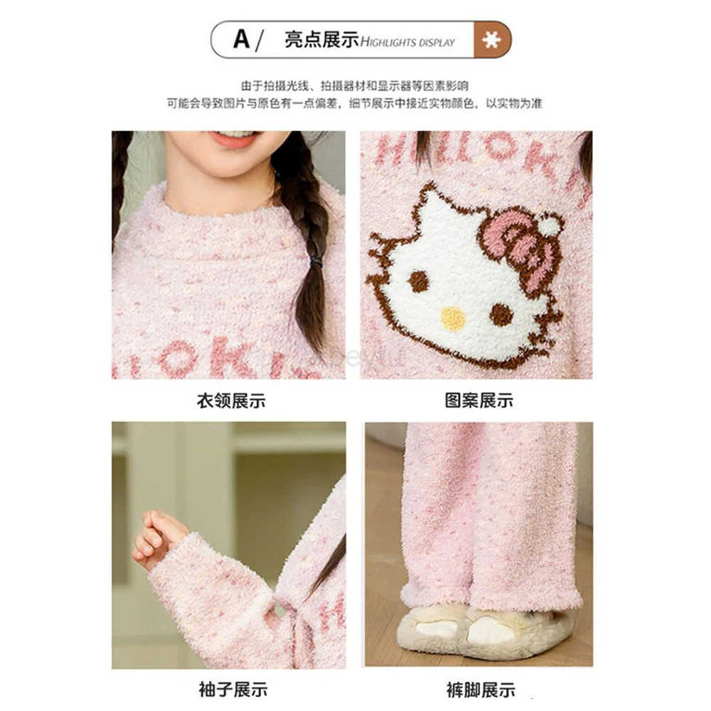 Sanrio 2Pcs Hello Kitty Kids Plush Pajamas Set Anime Kawaii Cartoon Print Comfortable Girl Cartoon Flannel Casual Home Clothes H251216