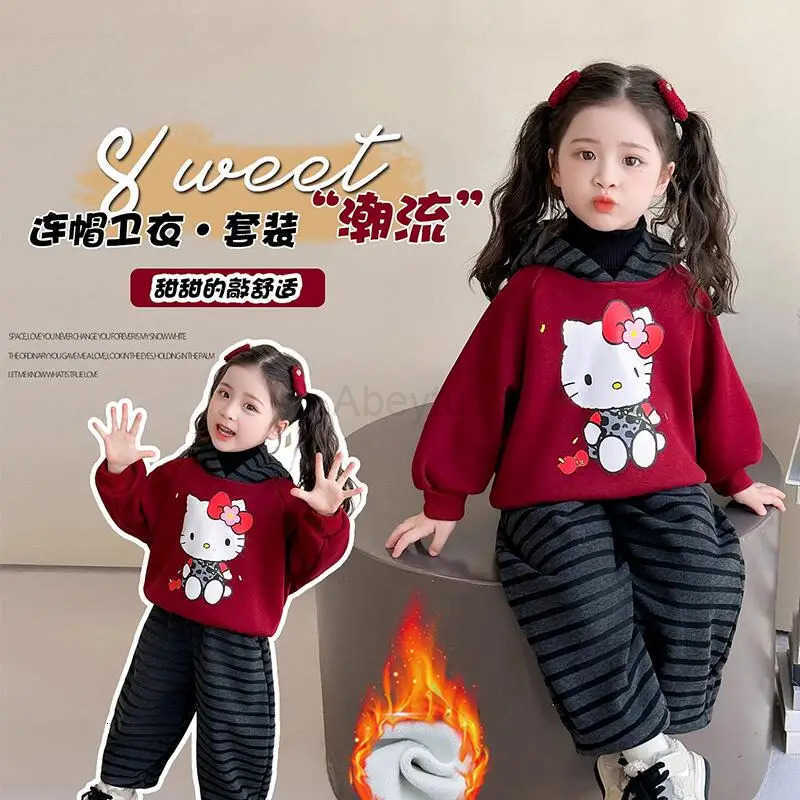 Sanrio Hello Kitty Thicken Two-Piece Set Hoodie Pants Girl Autumn Winter Hoodie Sportswear Child Kawaii Anime Cartoon Clothing H251216