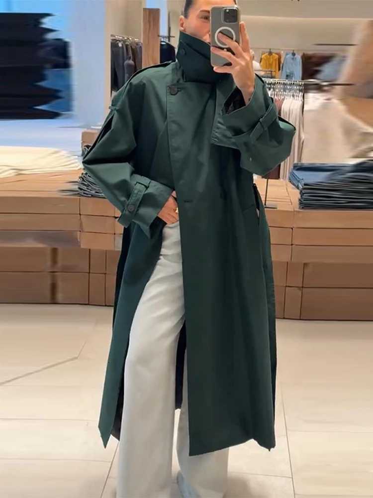 Street Womens Green Belt Long Trench Coat Stand Collar Double Breasted Full Sleeve Overcoat 2025 Autumn Lady Fashion OutwearT251216