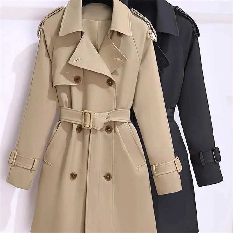Womens Windbreaker 2025 Spring Autumn New Slim Double-breasted Temperament Coat With belt Femle mid length Casual Trench coatT251216