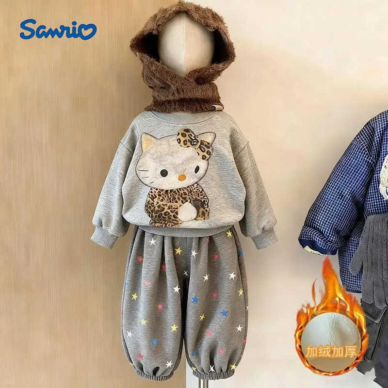 Sanrio Hot Kawaii Y2K Anime Fashion 2-Piece Set Childrens Clothing Tops Cartoon Kt Cat Warm Casual Pants Baby Plush Hello Kitty H251216