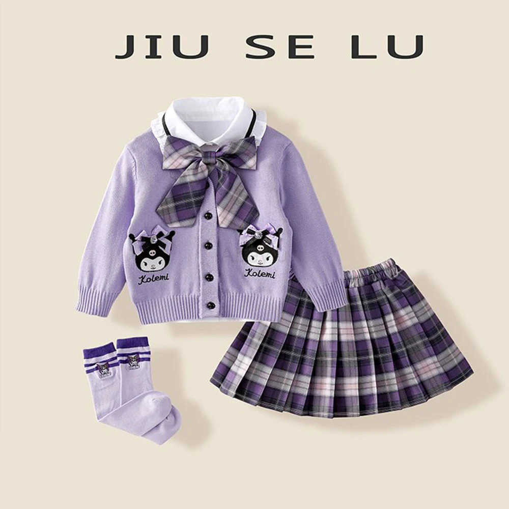 Sanrio Anime My Melody Autumn Girls Kids 3Pcs Set Sanrios Kuromi Fashion Kawaii Children College Style Cardigan Shirt Pleated Skirt Set H251216