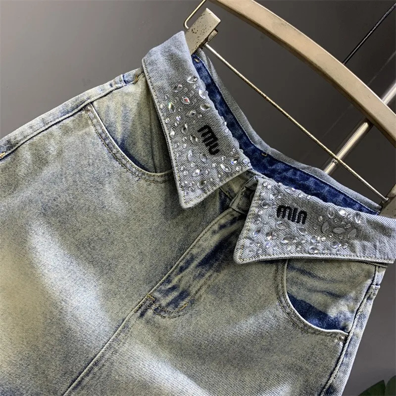 2026 Y2K Light Blue Denim Skirt High Waisted Bedazzled VNeck Mini for a Sweet Look 251216