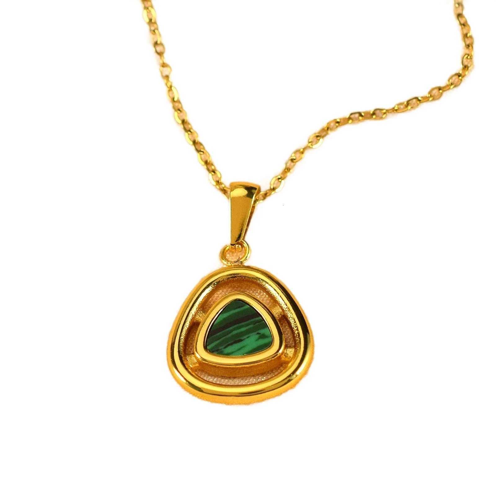 Womens Green Opal Pendant Necklace Hollow Triangle Stainless Steel Fashion Jewelry Accessory M251216