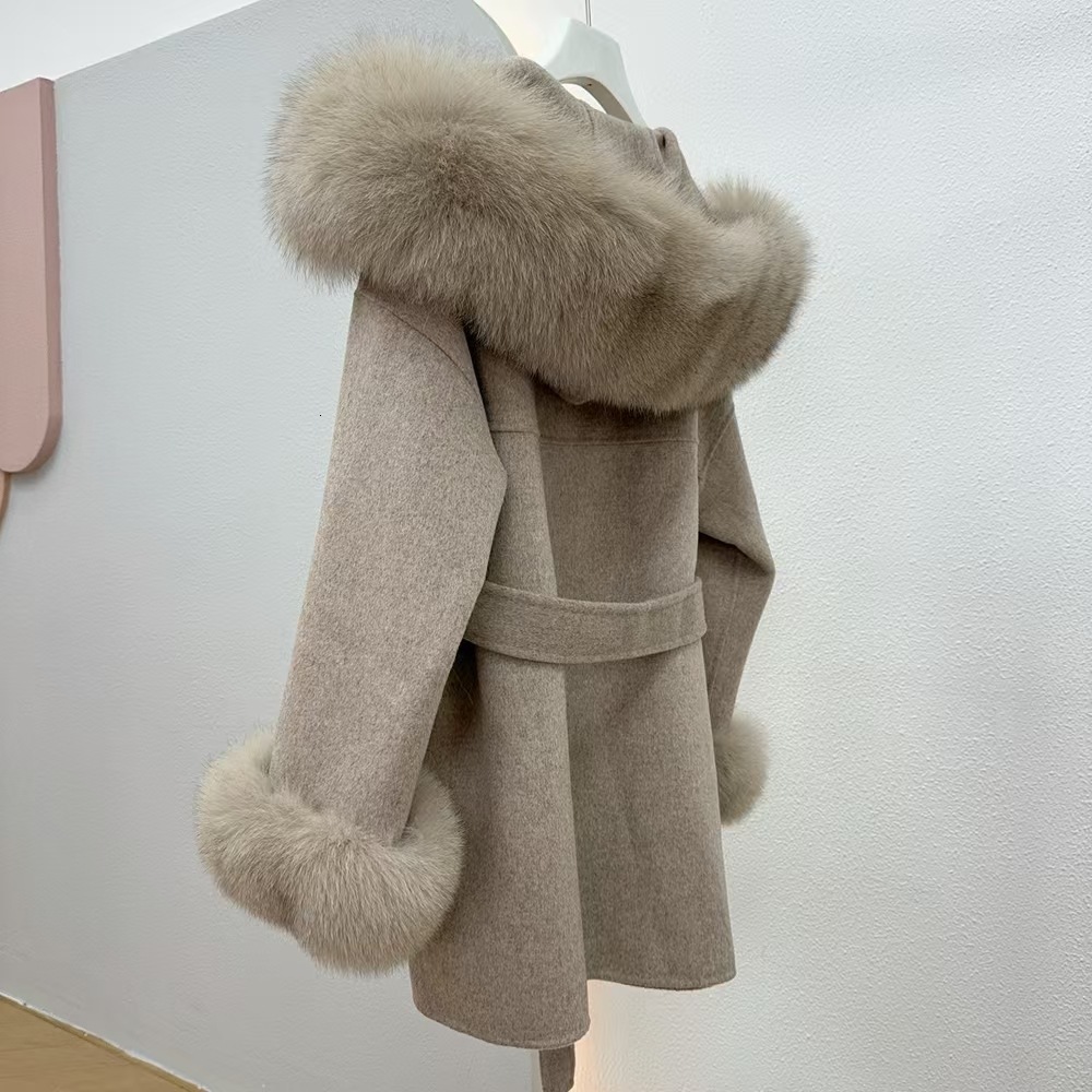Real Fur Coat Hood Winter Jacket Womens 100% Natural Fox Fur Collar Cuff Cashmere Wool Blended Oversized Coat Loose 240826