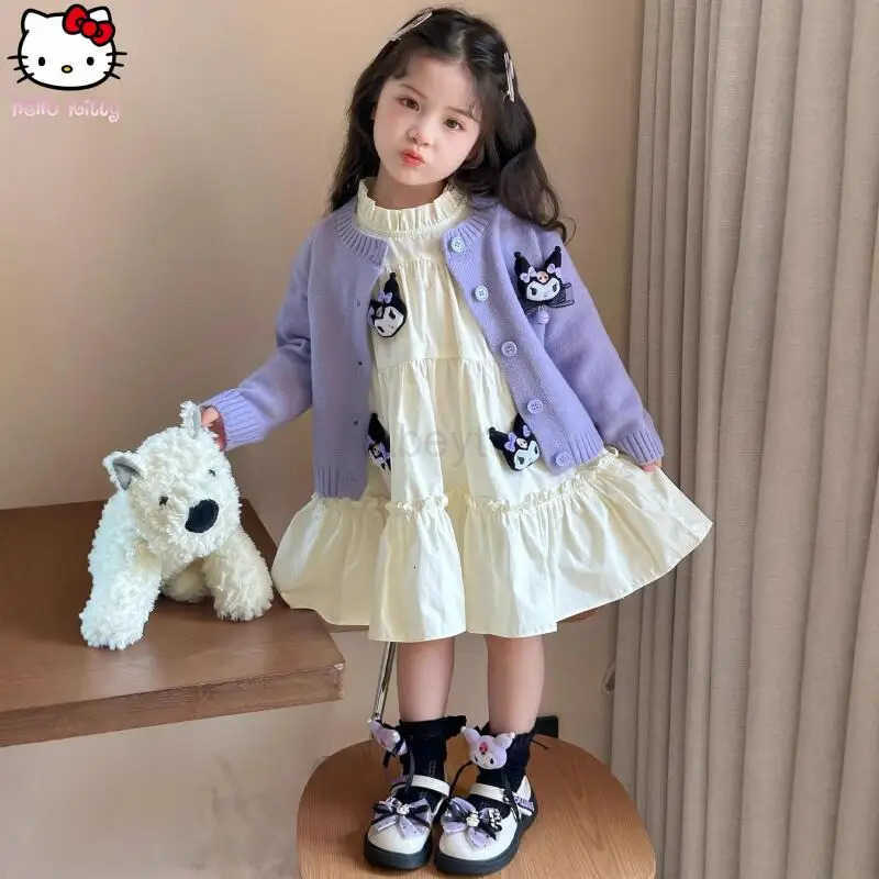 Sanrio Girls Kuromi Knitted Jacket Ruffled Dress Suit Kawaii Spring and Autumn New Cartoon Girls Clothing Anime Sweater Dress H251216