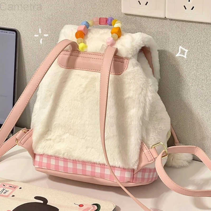 Sanrio 2025 New Sweet Girls Fluffy Backpack Fashion Kawaii Women All Match Schoolbags Casual Students Faux Fur Backpacks Y2k Aesthetic H251216