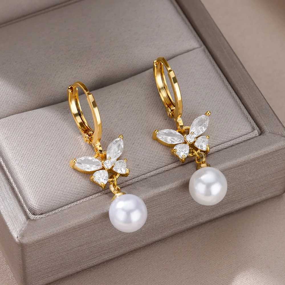 Butterfly Zircon Stainless Steel Pearl Earrings For Women Gold Plated Piercing Earring Aesthetic Luxury Jewelry Gift 2023 New G251216