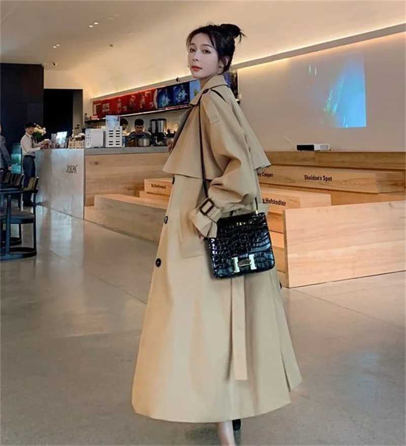 Autumn Winter Khaki Long Trench Coat for Women 2025 Jacket Elegant Outerwear Turn-down Collar Tie Belt Korean Chic WindbreakerT251216