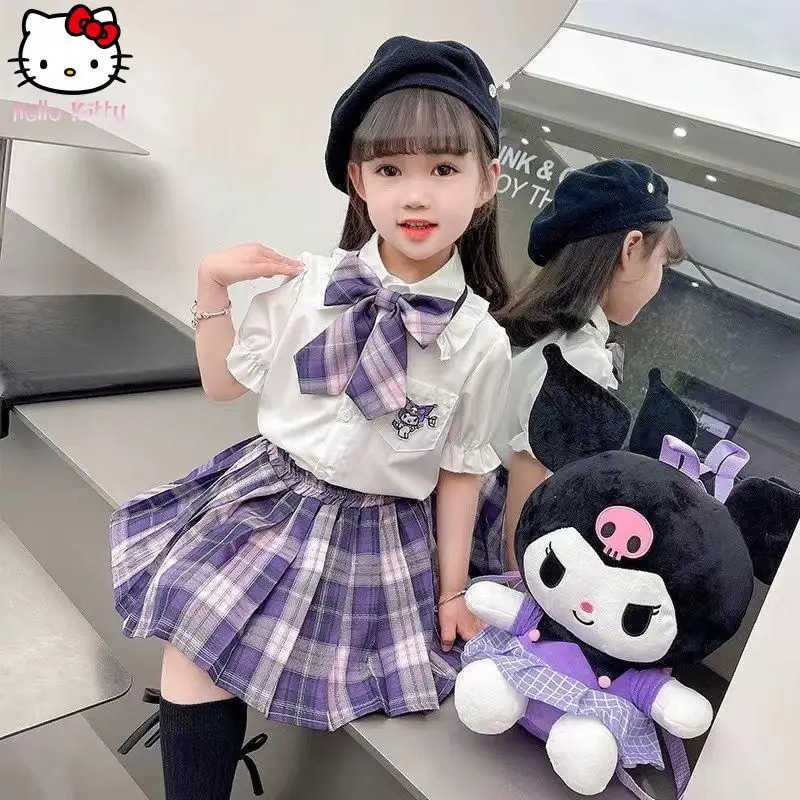 Sanrio Kuromi Melody Girl Kawaii Pleated Skirt Set Summer New Kids Cartoon Anime College Style Jk Uniform Sweet Princess Dress H251216