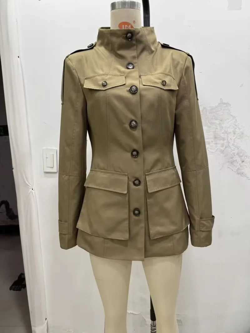 ETJ 2025 autumn new womens military style large pocket stand collar slim coat epaulettes decorated trench coatT251216
