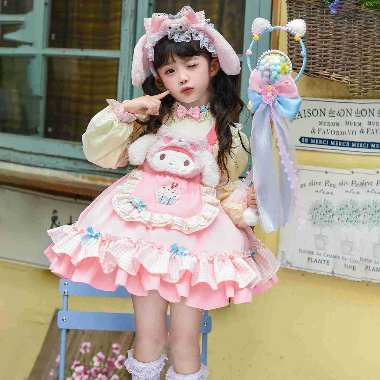 Sanrio Anime Melody Children Lolita Dress False Two-Piece Kawaii Cartoon High-Quality Long Sleeves Cosplay Costume Princess Xmas Gift H251216