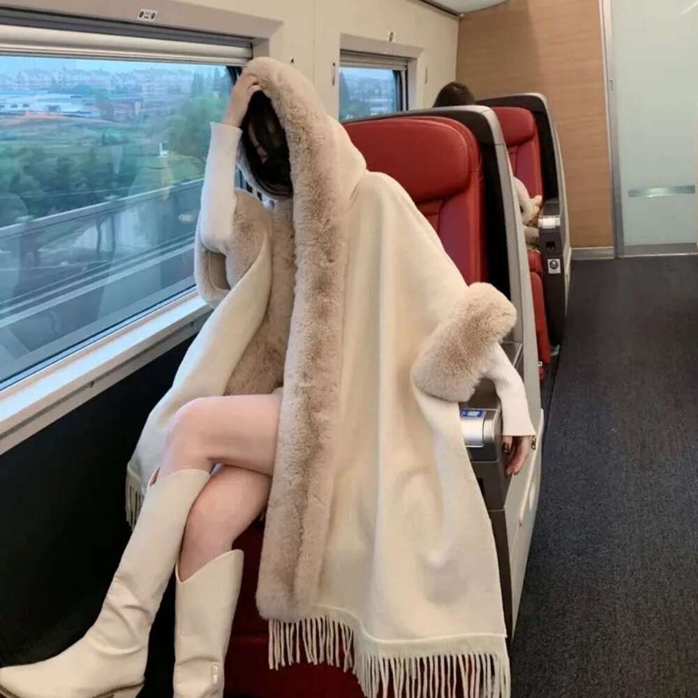 Hooded Shawl Coat For Women, Faux Rabbit Fur Capes Coats Women Plaid Poncho Jackets Tassel Hooded Batwing Sleeves Open Stitch Loose Casual 2025 Autumn - view 3