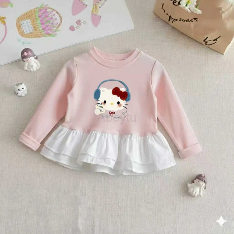 Sanrio Baby Girls Cotton Clothes Striped Patchwork Top Kid Hello Kitty Printed Pullover Children Autumn Fashion Long Sleeve T-shrits H251216