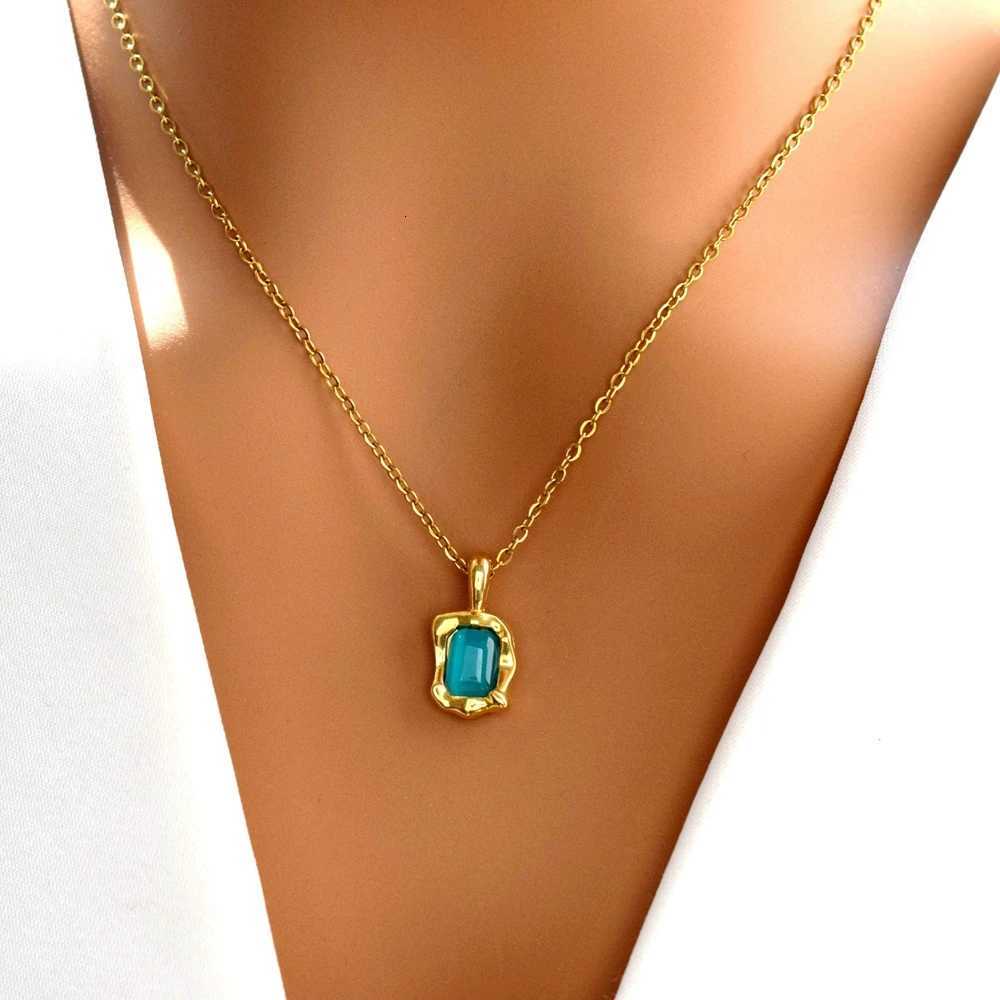 Color Square Irregular Pattern Cats Eye Stone Necklace Clavicle Chain Stainless Steel Jewelry for Autumn Winter M251216