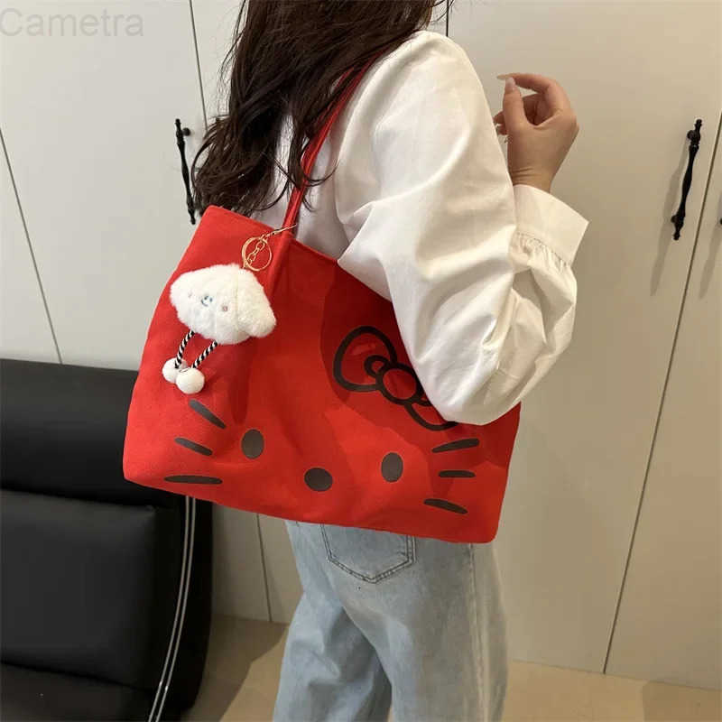 Sanrio Christmas Hello Kitty Anime Figures Canvas Tote Bag for Women Large Cute Cartoon Shoulder Bag Versatile Commuting Handbag Gift H251216