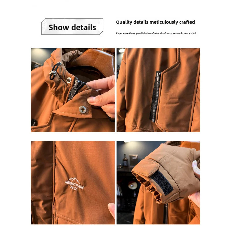 Outdoor cold resistant hooded down jacket for mens winter trend windproof duck with added fleece warm y251205