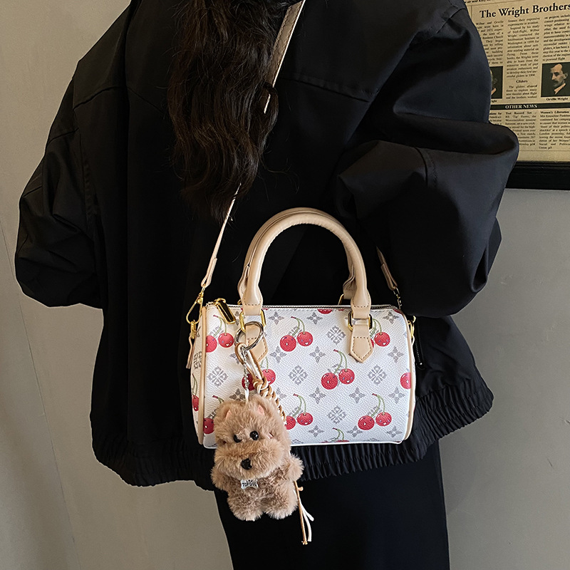 New elegant womens handbag cherry print sophisticated Boston bag versatile party crossbody bag free shipping white dark brown