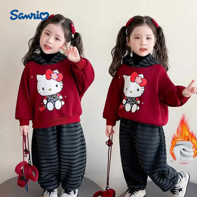 Sanrio Hello Kitty Thicken Two-Piece Set Hoodie Pants Girl Autumn Winter Hoodie Sportswear Child Kawaii Anime Cartoon Clothing H251216