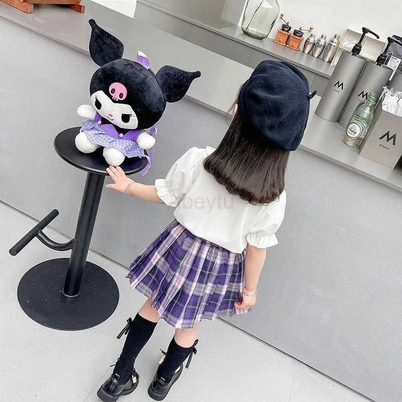 Sanrio Kuromi Skirt Suit Summer Teen Girls Children Short-Sleeved Cartoon T-shirt TopsPlaid Pleated Skirt 2Pcs Set Preppy Dress H251216