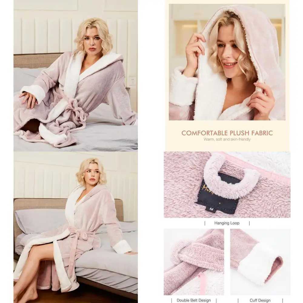 Cozy Long Fleece Robe with Pockets for Women - Plush Hooded Loungewear Bathrobe C251216