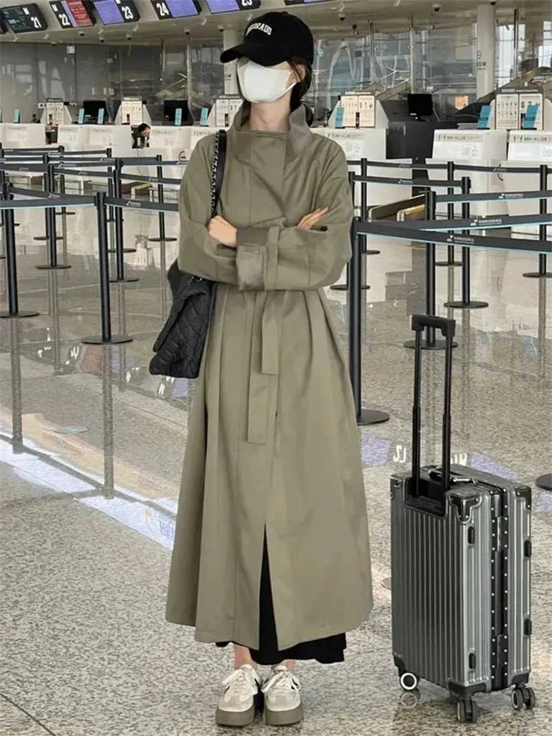 Korean Lazy Style Windbreaker Coat for Women 2024 Autumn New Style Loose Small High-end Casual Long Style Solid Color CommutingT251216